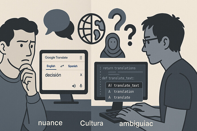 A split image with one side showing Google Translate on a screen with a person looking thoughtful, and the other side showing a programmer coding with AI suggestions appearing on the screen. In between, symbolic representations of nuance, culture, and ambiguity like speech bubbles, question marks, and cultural icons.