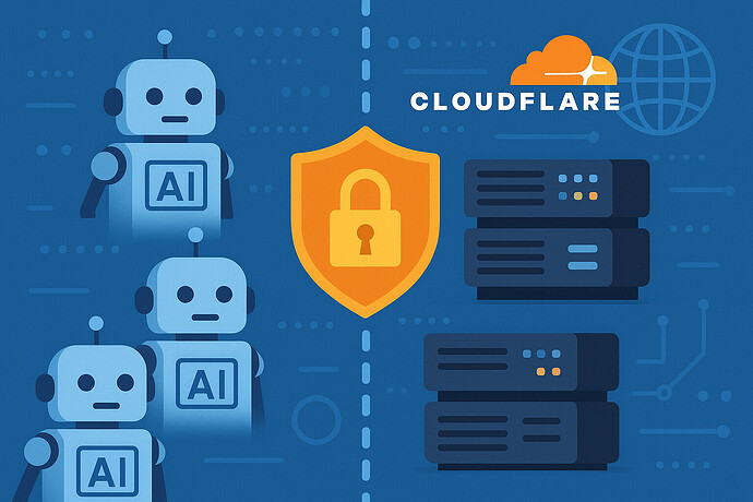 An illustration showing Cloudflare's servers blocking AI bots from crawling websites. The image should depict a digital barrier with AI bots on one side and Cloudflare servers on the other, emphasizing control over internet access. Include symbols of AI and the internet for clarity, with visual elements like locks or shields symbolizing security and protection of online content.