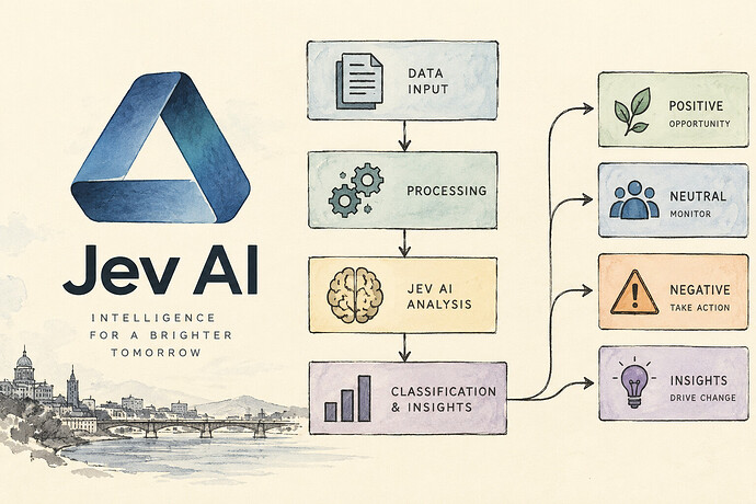 Jev AI model logo alongside a workflow or classification diagram