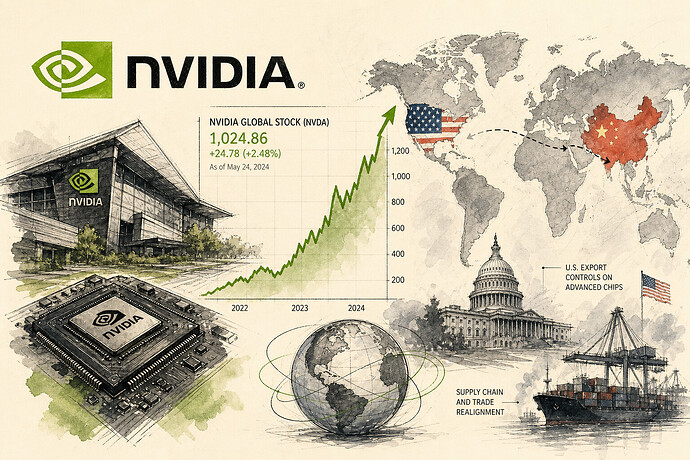 Nvidia logo with rising global stock chart and geopolitical map
