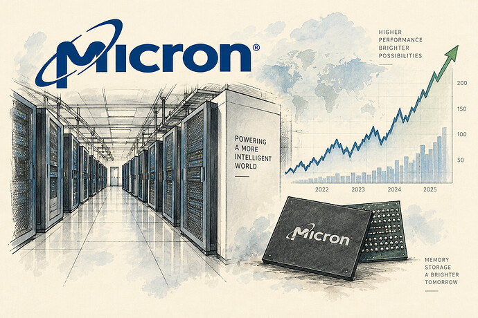 Micron Technology logo with data center and financial chart