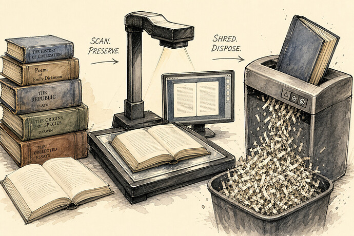 Books being scanned and shredded