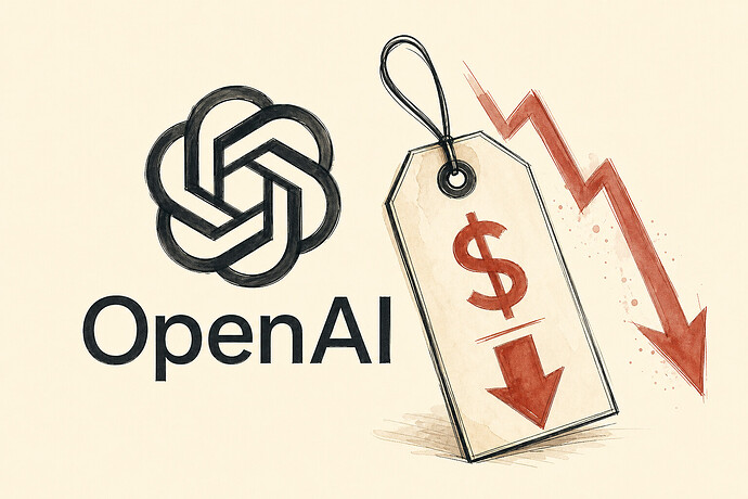 OpenAI logo with price tag and downward arrow