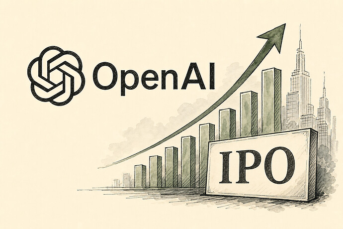OpenAI logo with financial growth chart and IPO symbol