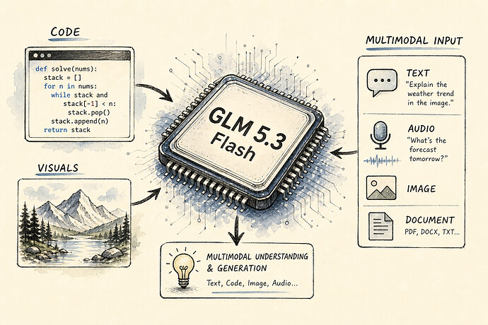 AI chip labeled GLM 5.3 Flash with icons for code, visuals, and multimodal input