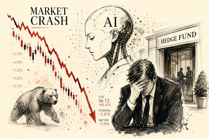 Stock market crash with AI and hedge fund imagery