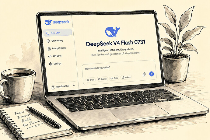 Laptop displaying DeepSeek V4 Flash 0731 AI interface