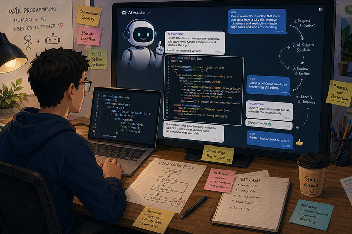 An illustration of a person using a laptop at a desk filled with papers and notes, collaborating with a robot on a computer screen, with dialogue bubbles showing detailed instructions and iterative adjustments, symbolizing human-AI pair programming.