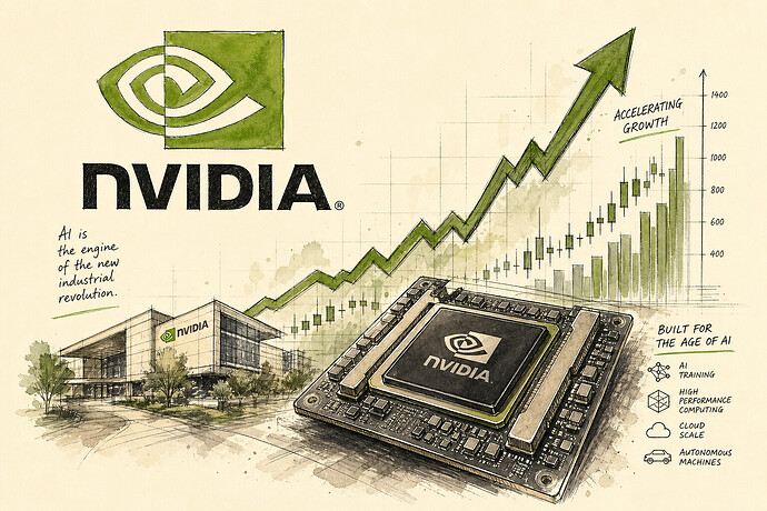 Nvidia logo with upward financial graph and AI chip imagery