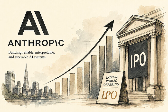 Anthropic company logo with a financial growth chart and IPO imagery