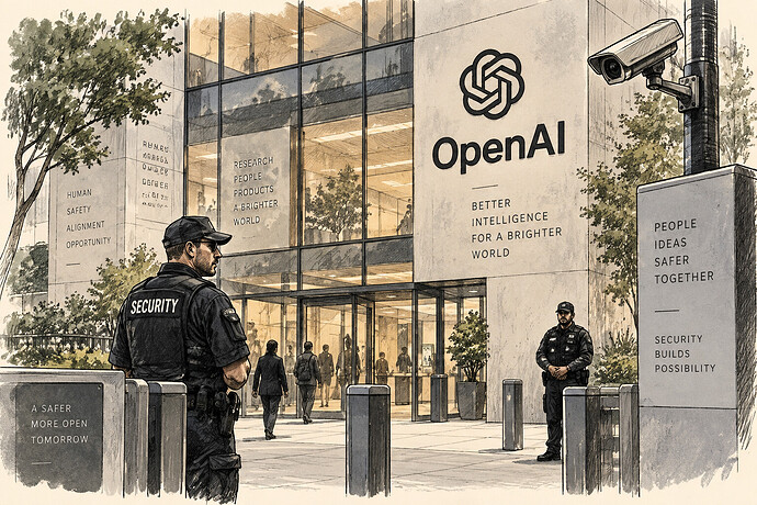OpenAI headquarters with visible security presence and surveillance imagery