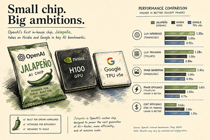 OpenAI Jalapeno chip next to Nvidia and Google AI chips with performance comparison chart