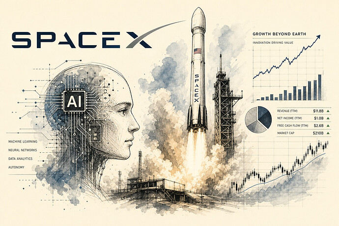 SpaceX logo with AI graphics and financial charts