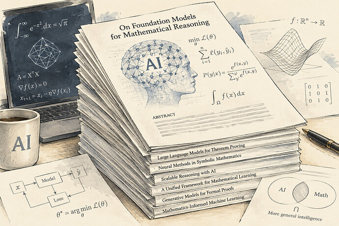 Stack of digital mathematical papers with AI symbols and equations