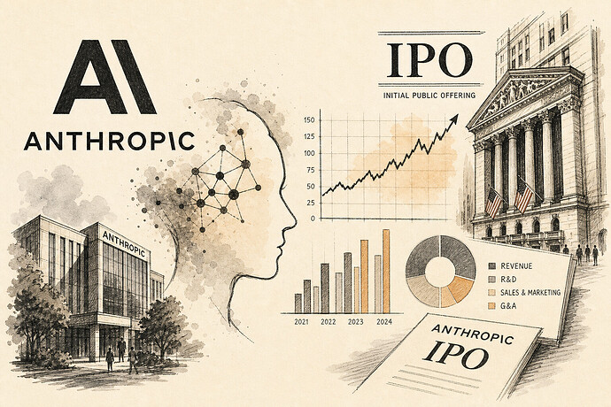 Anthropic logo with financial charts and IPO imagery